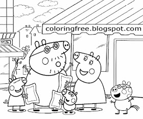 Simple playgroup cartoon mummy pig and daddy pig shopping for toys Peppa Pig colouring book pages