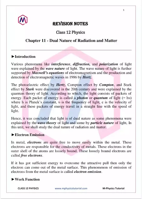 Chapter 11: Dual Nature of Radiation and Matter