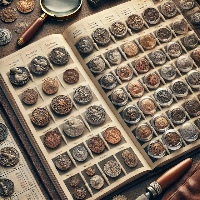 A detailed and visually appealing image of a coin catalog, showcasing a well-organized collection of various coins from different historical periods
