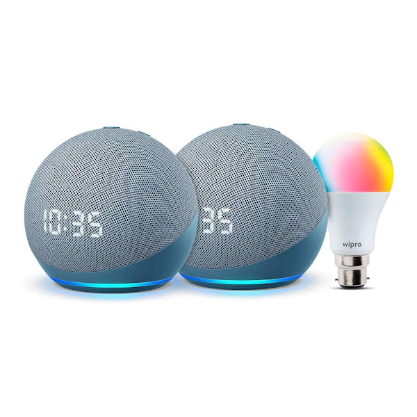 All-new Echo Dot with clock (4th Gen, Blue) gift twin pack with Wipro 9W LED smart color bulb