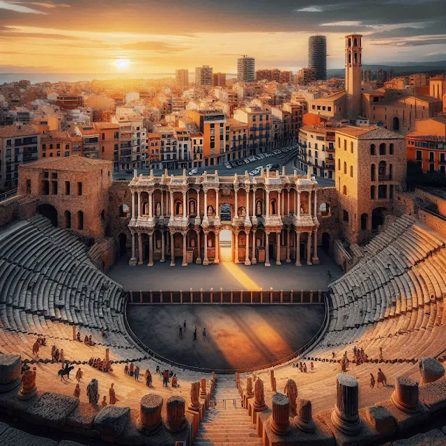 Amphithéâtre romain de Tarragone avec la ville en arrière-plan au coucher du soleil.