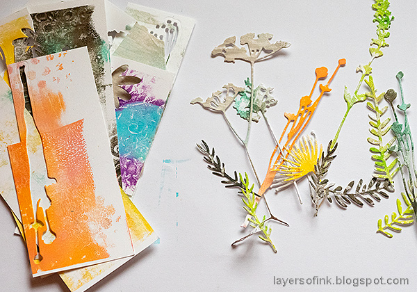 Layers of ink - Dry Embossing and Gel Printing Layout Tutorial by Anna-Karin Evaldsson. Die cutting gel printed papers. Printed with Ranger's gel printing plates.