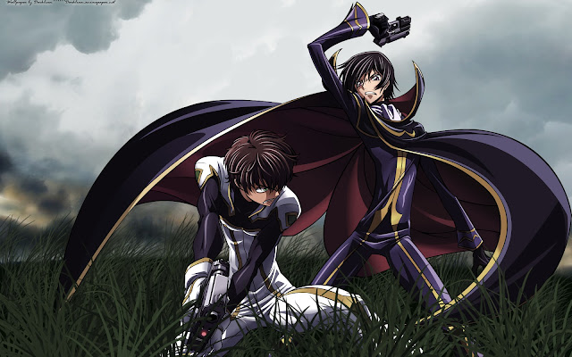   Code Geass Lelouch Suzaku Fightin Pistol Riffle Grass Land Cape guys boys male anime hd wallpaper desktop pc background 0009