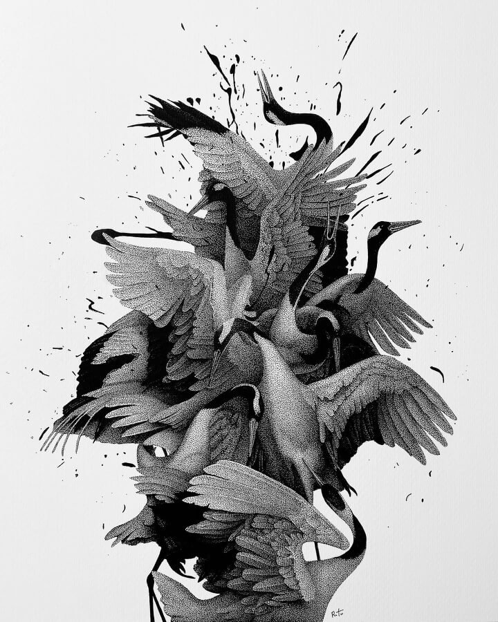 06-A-cloud-of-cranes-Stippling-Dotwork-Drawings-Rostislaw-Tsarenko-www-designstack-co