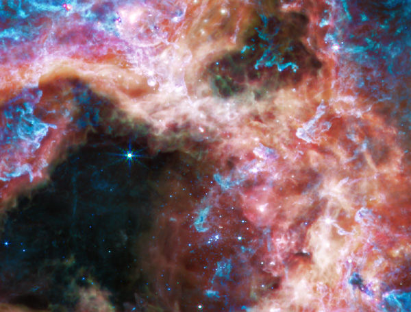 A close-up image of the center of the Tarantula Nebula that was taken by NASA's James Webb Space Telescope.