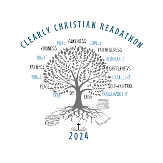 Clearly Christian Readathon logo with tree in foreground on top of books with the fruits of the Holy Spirit and the attributes of Philippians 4:8 listed around its leaves