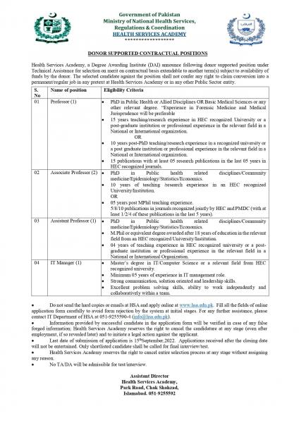 Administration of Pakistan Ministry of National Health Services jobs 2022
