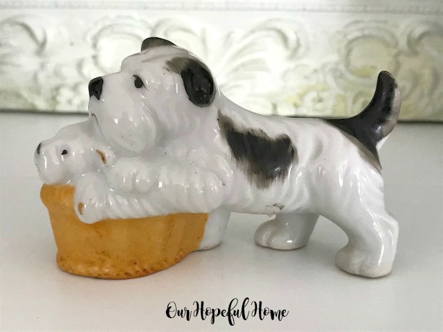 occupied Japan era porcelain terrier puppy basket figurine