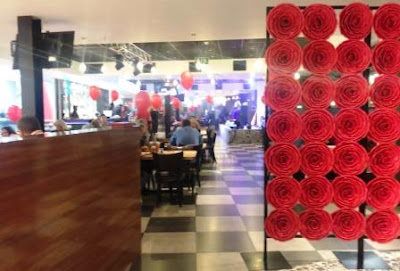 Hard Rock Café interior with red balloons decorations for Valentine's