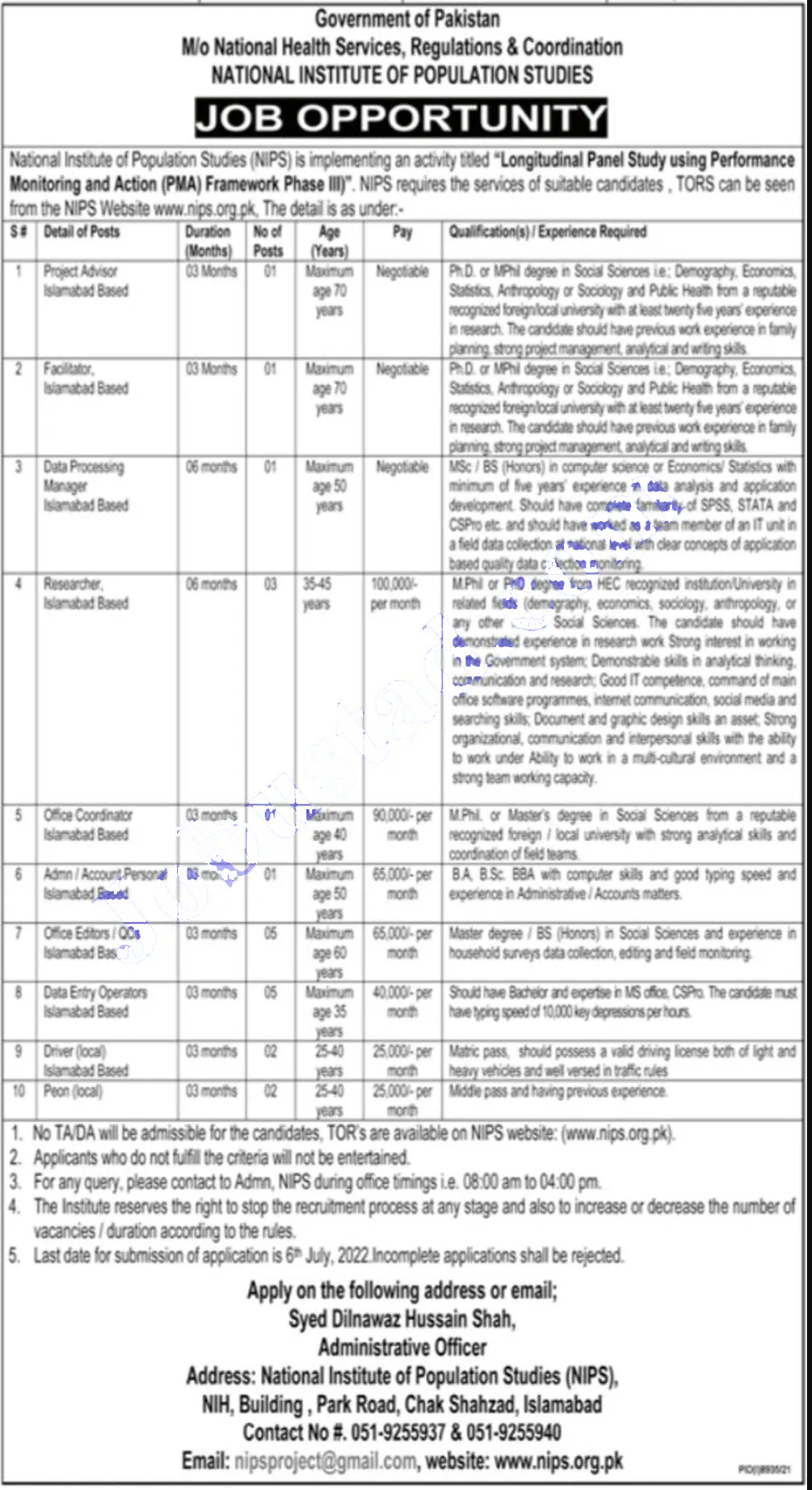 Ministry of National Health Services Regulations and Coordination jobs 2022