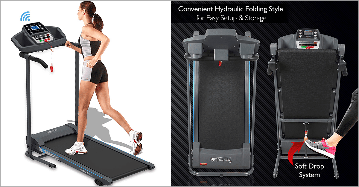 Electric Folding Treadmill Exercise Machine - Smart Compact Digital Fitness Treadmill Workout Trainer w/ Bluetooth App Sync, Manual Incline Adjustment, For Walking, Running, Gym - SereneLife SLFTRD20