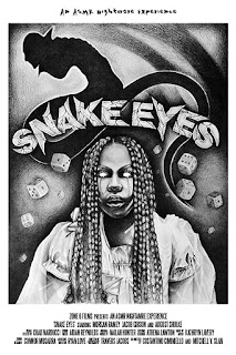 A black and white drawing of a woman surrounded by dice. In the background, there is a snake-like creature. The text reads 'An ASMR nightmare presents Snake Eyes'