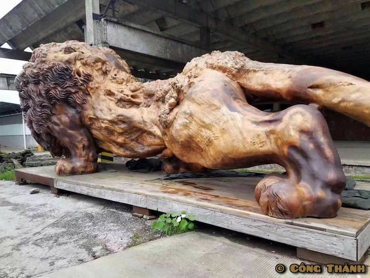 This Giant Lion Carved From A Single Tree Trunk Took 20 People Three Years To Complete (Pictures)