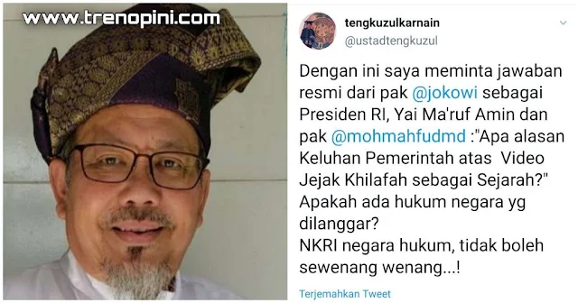 saya meminta jawaban resmi dari pak @jokowi sebagai Presiden RI, Yai Ma'ruf Amin dan pak @mohmahfudmd :"Apa alasan Keluhan Pemerintah atas Video Jejak Khilafah sebagai Sejarah?" Apakah ada hukum negara yg dilanggar? NKRI negara hukum, tidak boleh sewenang wenang