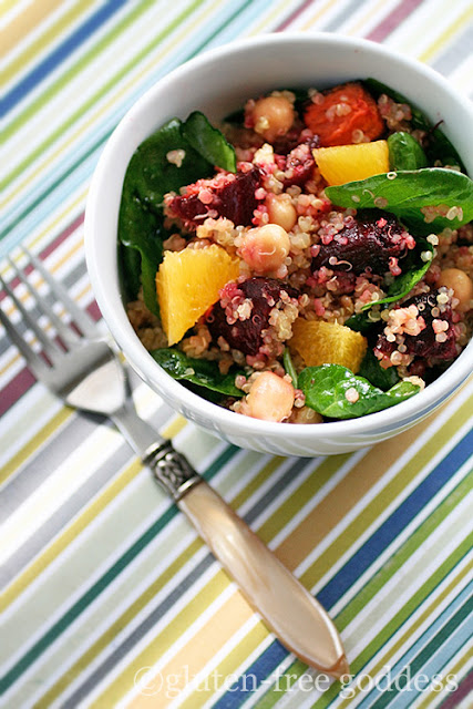 Gluten-Free Goddess quinoa salad recipe with roasted beets chick peas and oranges