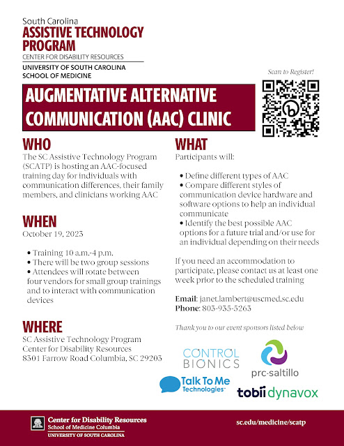 SC Assistive Technology Program flier for AAC Clinic Day on October 19 2023