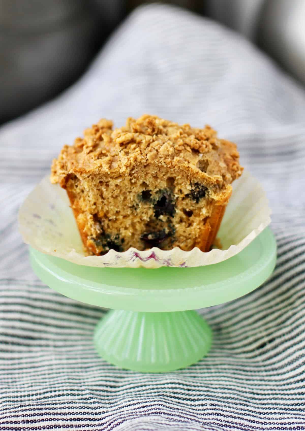 Blueberry Granola Whole Wheat Muffin cut in half.