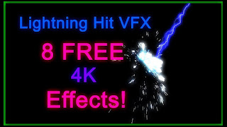 A black background with a lightning bolt and sparks. Text on photo readsLightning Hit, 8 free special effects.