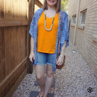 awayfromtheblue Instagram | orange tee blue printed kimono bermuda denim shorts park play date outfit