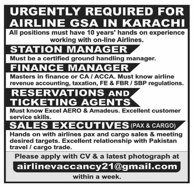 Airline Jobs in Karachi 2021