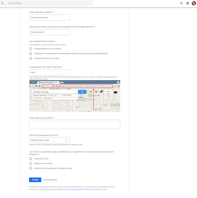 formularz zgłoszenia do Google Moja Firma