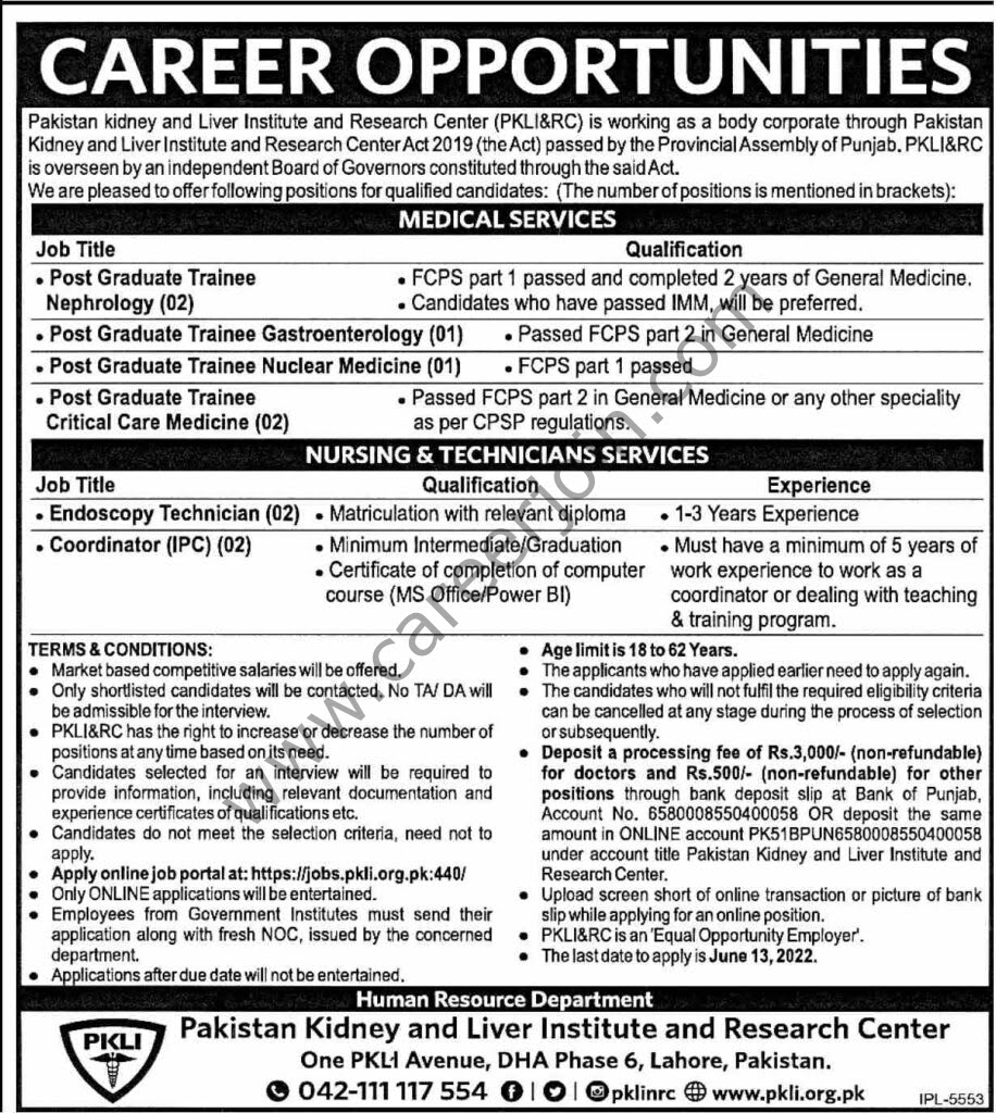Pakistan Kidney & Liver Institute & Research Center PKLI&RC Jobs June 2022