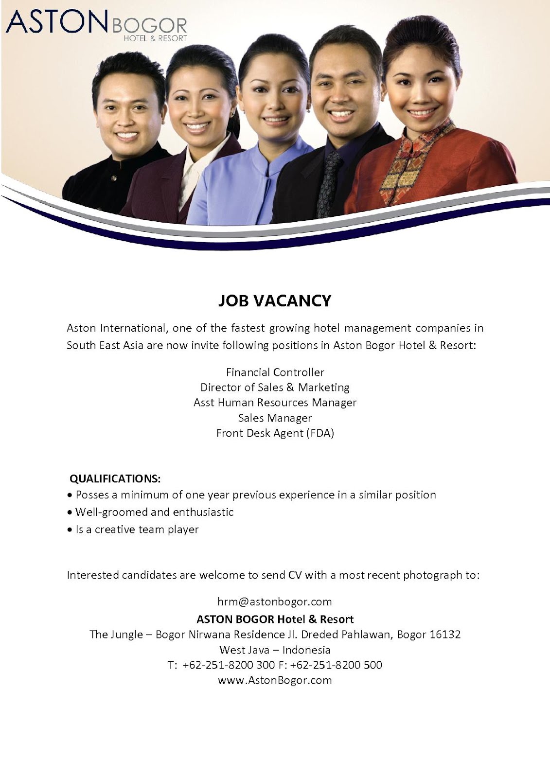 HHRMA BOGOR JOB VACANCY - ASTON BOGOR  Indonesia Job Vacancy