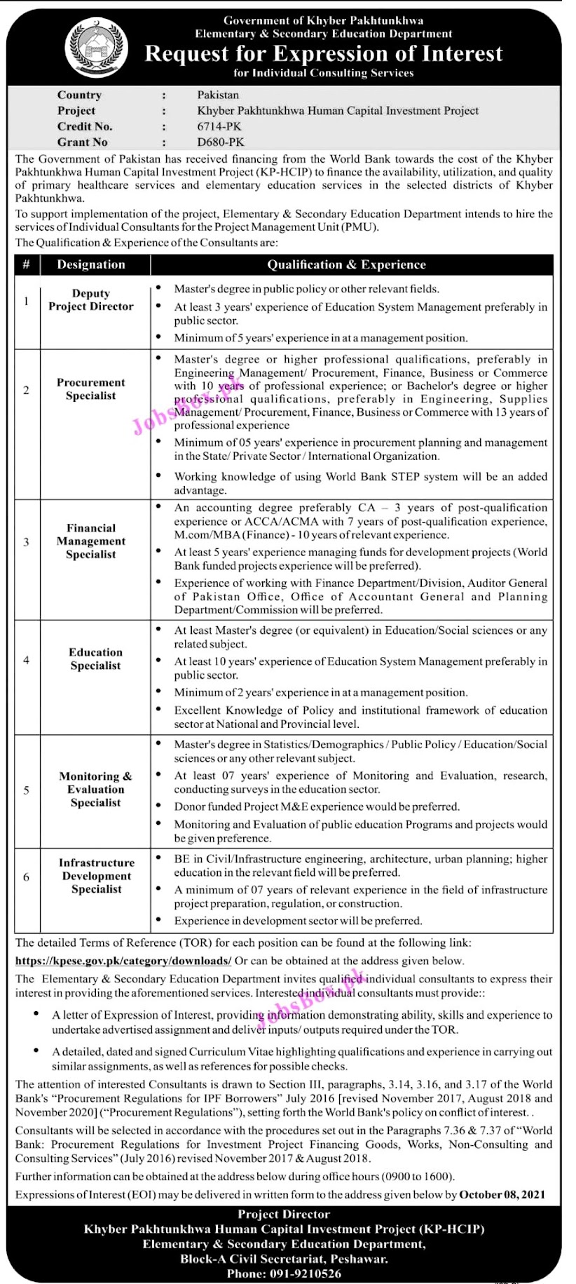 Department of Primary and Secondary Education KPK Latest Jobs 2021 - Online Apply