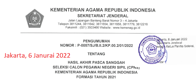 PENGUMUMAN HASIL AKHIR PASCA SANGGAH SELEKSI CPNS KEMENTERIAN AGAMA RI FORMASI TAHUN 2021