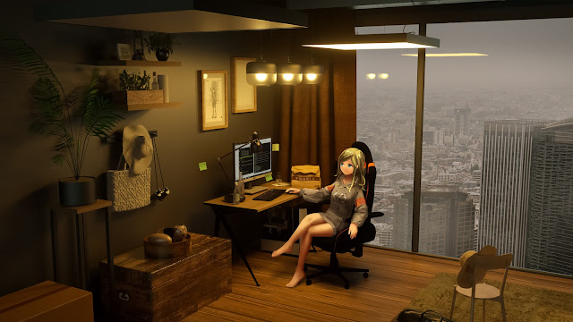 Anime Girl using a computer desktop wallpaper