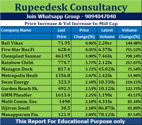 Price Increase & Vol Increase In Mid Cap