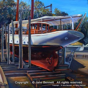 Plein air painting of the heritage schooner from the Sydney Heritage Fleet Boomerang on the slipway at Noakes Shipyard at Berry's Bay painted by industrial heritage artist Jane Bennett