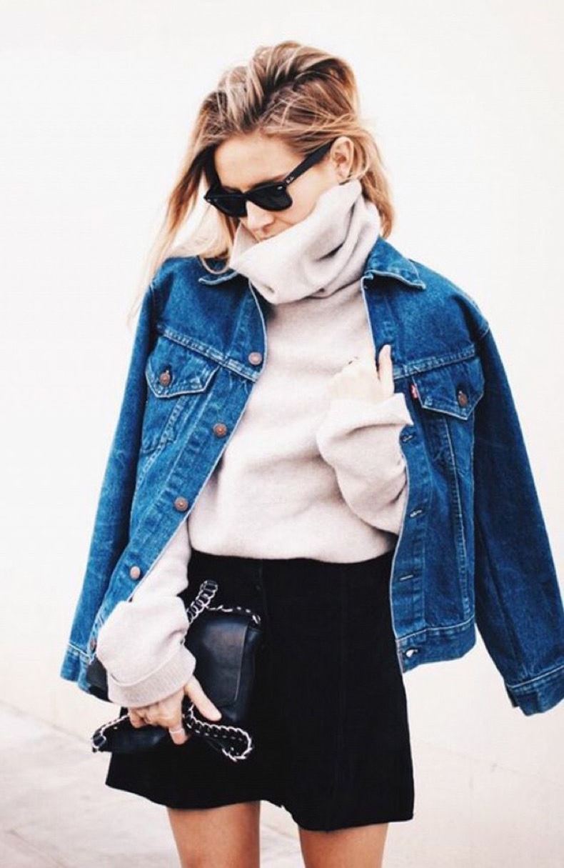 winter fashion trends / denim jacket + white sweater + bag + black skirt