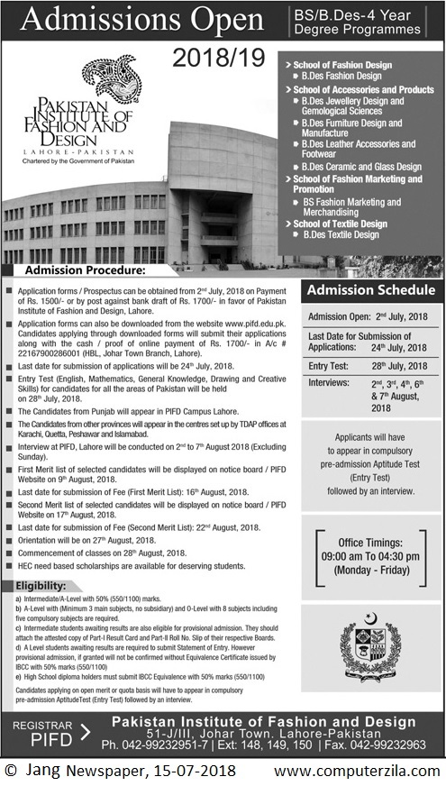 Admissions Open For Fall 2018 At PIFD Lahore Campus