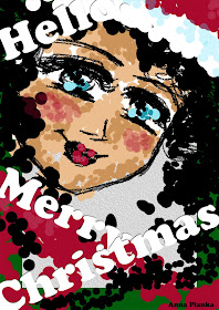 Weihnachtlich gekleidetes Mädchen in Nahaufnahme gemalt mit dem Text "Hello! Merry Christmas!"