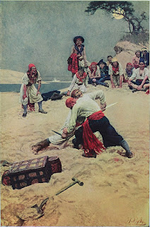 Pirates fight over treasure in a 1911 Howard Pyle illustration.