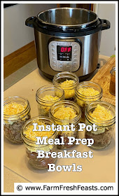 Make a week's worth of breakfast bowls containing cheesy eggs, sausage, and potatoes with one meal prep pressure cooker session.