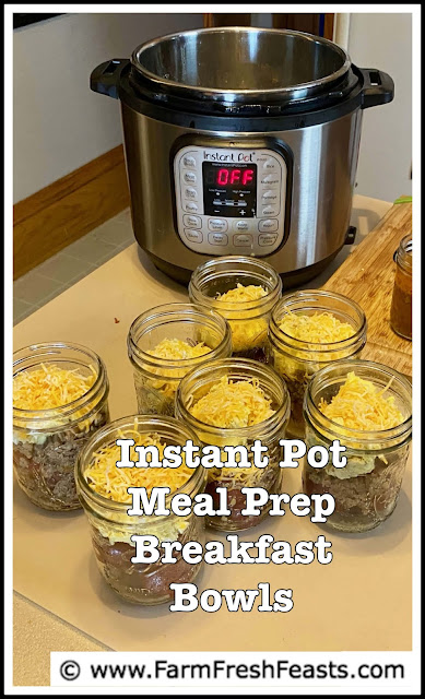 Make a week's worth of breakfast bowls containing cheesy eggs, sausage, and potatoes with one meal prep pressure cooker session.