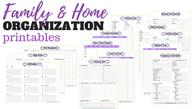 Free downloadable family and home organization binder printables for menu planning, finance, important documents, birthdays, cleaning