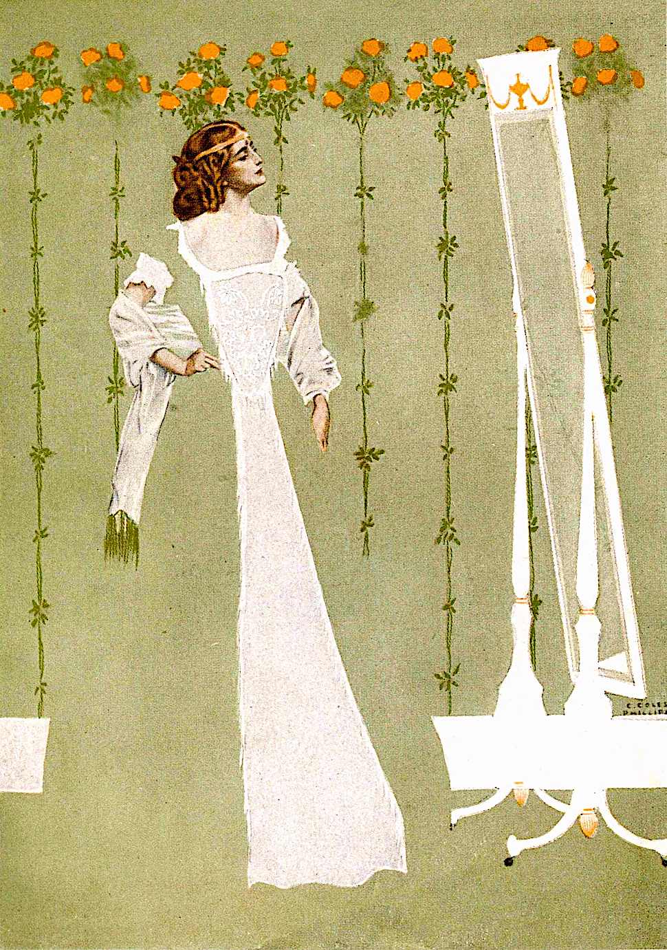 a Coles Phillips illustration of a woman at her mirror