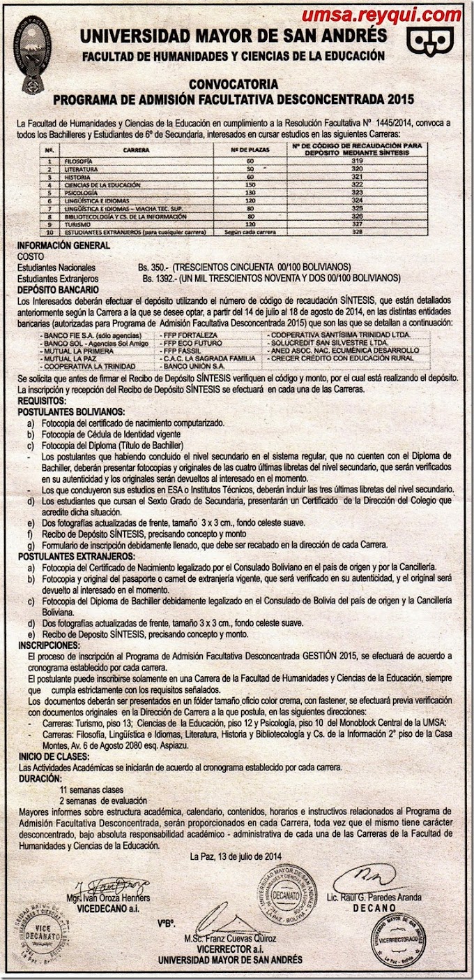 Convocatoria para el Preuniversitario de la Facultad de Humanidades y Ciencias de la Educación (UMSA 2014)