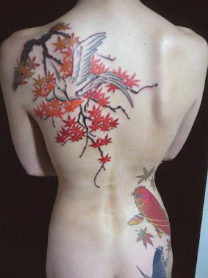 Female Tattoos With Japanese Cherry Blossom And Bird Tattoo Design On the Back Body