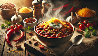 Hearty bowl of homemade beef chili topped with shredded cheese, fresh cilantro, and a dollop of sour cream, served with tortilla chips."