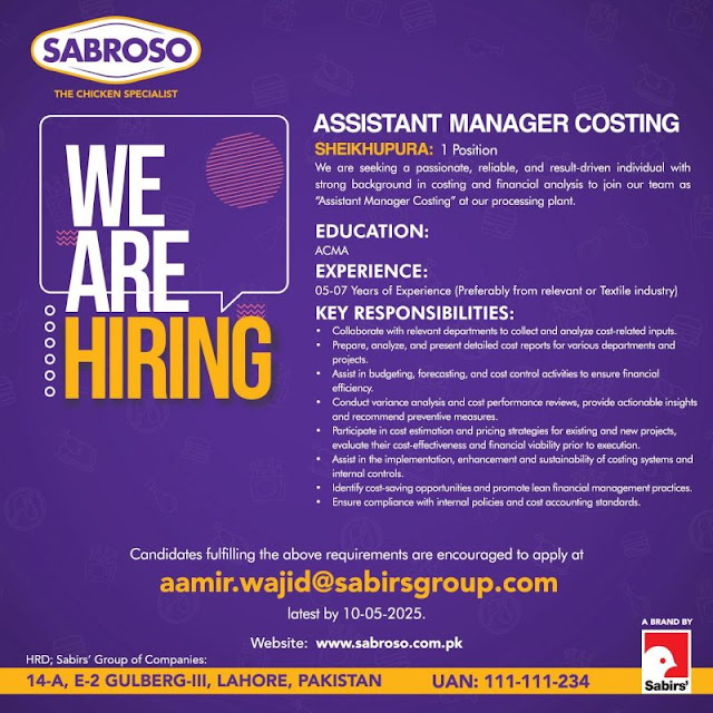 Sabroso Pakistan Latest Jobs in Lahore Assistant Manager Costing 2025