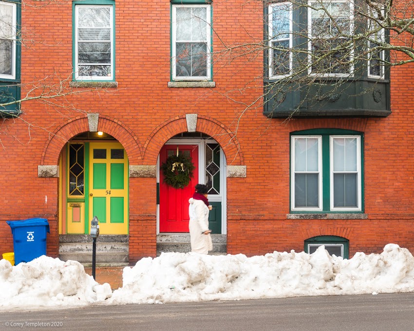 `Portland, Maine USA January 2020 photo by Corey Templeton. The two most colorful doors on Pleasant Street.