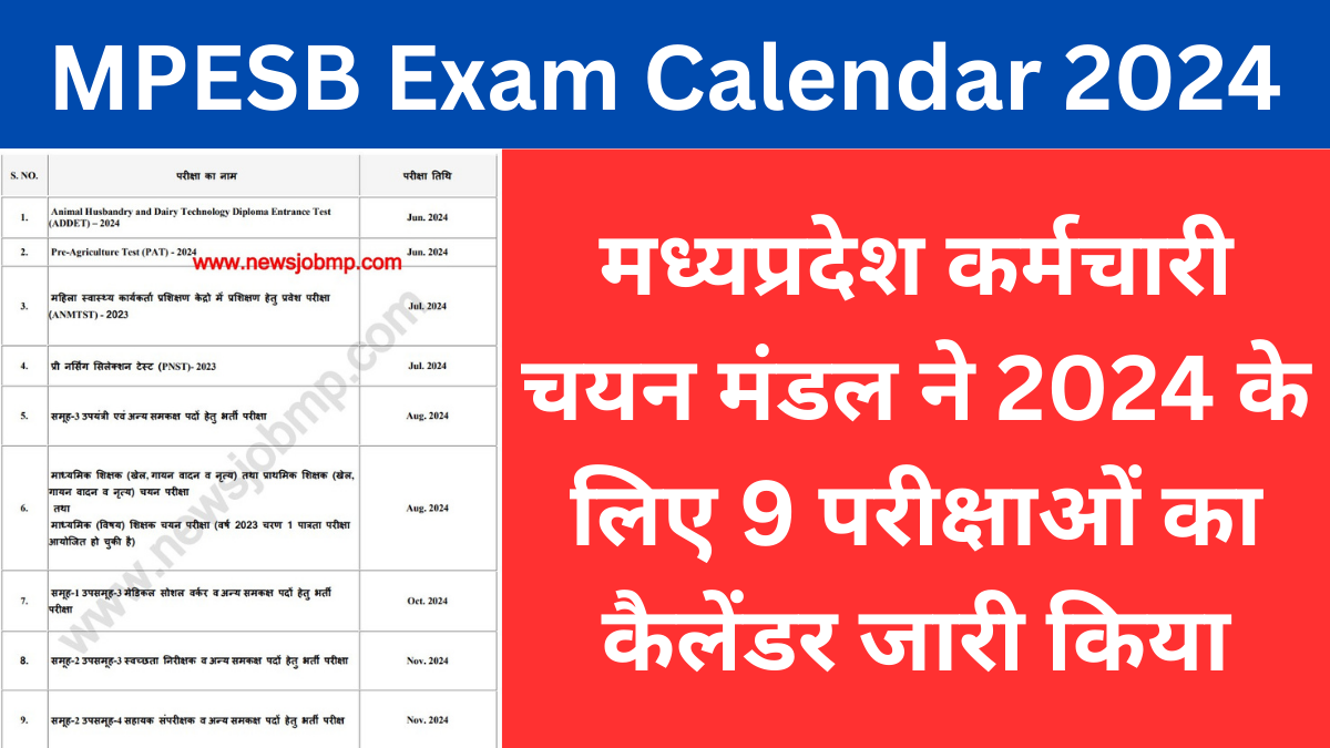 MPESB Exam Calendar 2024 Update,मध्य प्रदेश कर्मचारी चयन मंडल 9 परीक्षाओं का कैलेंडर जारी