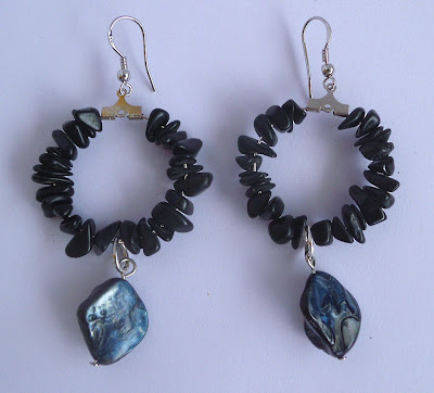 Handmade black stone and shell hoop earrings