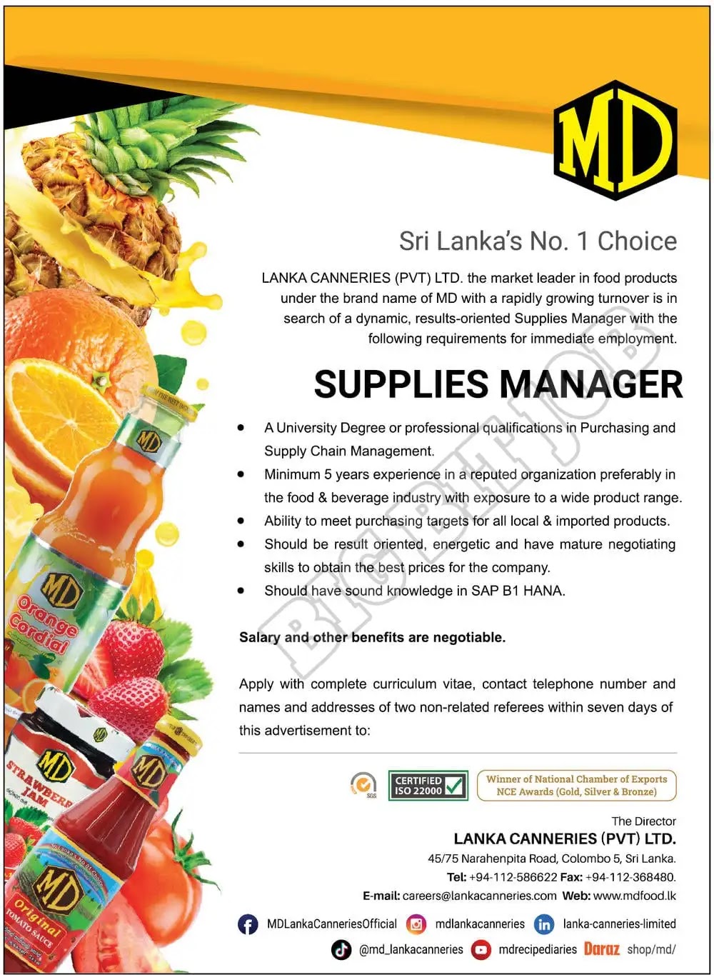Supply Manager Vacancy in Lanka Canneries (Pvt) Ltd.