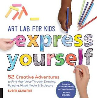 Book cover, 'Art Lab for Kids: Express Yourself' by Susan Schwake. Chiefly typographic design. The words 'express yourself,' in lower-case letters, have a hand-drawn outline quality and are shaded-in with various colors in various artistic media. Human hands -- one with chalk, one with colored pencil, and one with crayon, are shading-in three of the letters