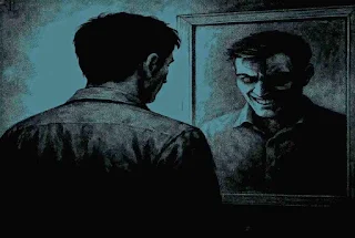 "आईने में अपने ही डरावने रूप को देखता एक व्यक्ति – हिंदी मनोवैज्ञानिक थ्रिलर 'दूसरा चेहरा' के लिए प्रतीकात्मक चित्र"